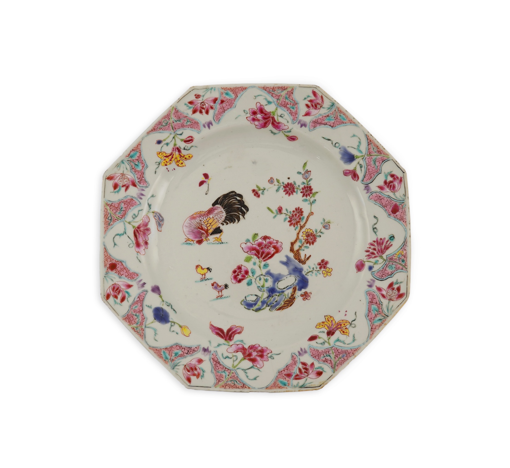 A Chinese famille rose ‘chickens’ octagonal plate, Qianlong period